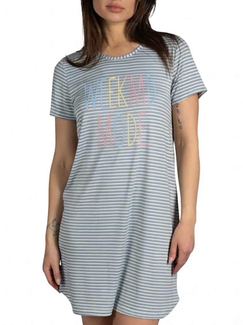 Rae Dunn Wear Weekend Mode Sleepwear Lounge Dress Nightshirt Striped Grey Large